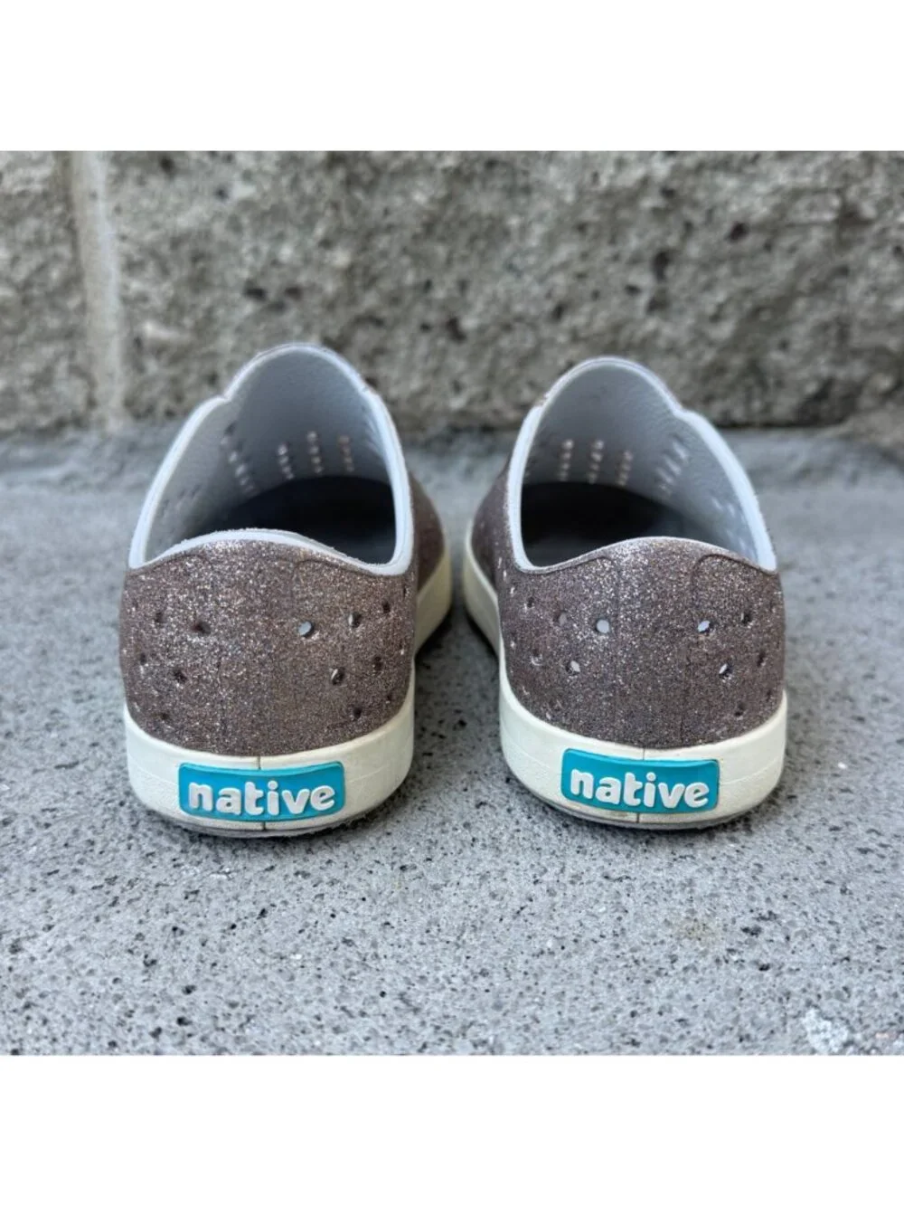 NATIVE Metallic Pewter Bling Shoes Girls 11 Glitter Slip On Water Shoe Natives